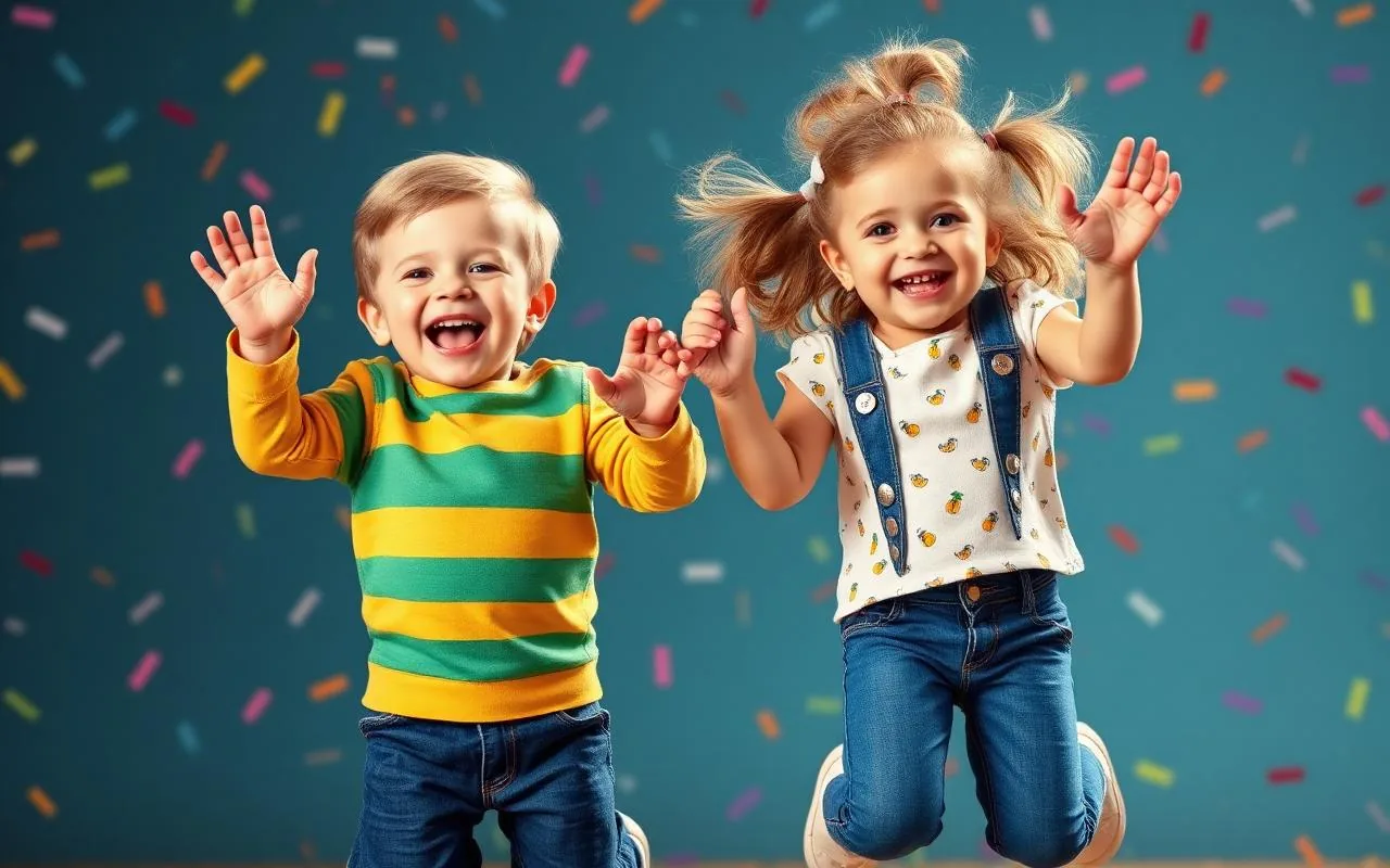 Best cheap toddler outfits for parents, joyful siblings jumping
